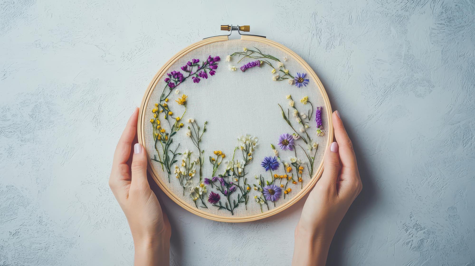 Close-up of artisan hand embroidering a floral motif in a wooden hoop